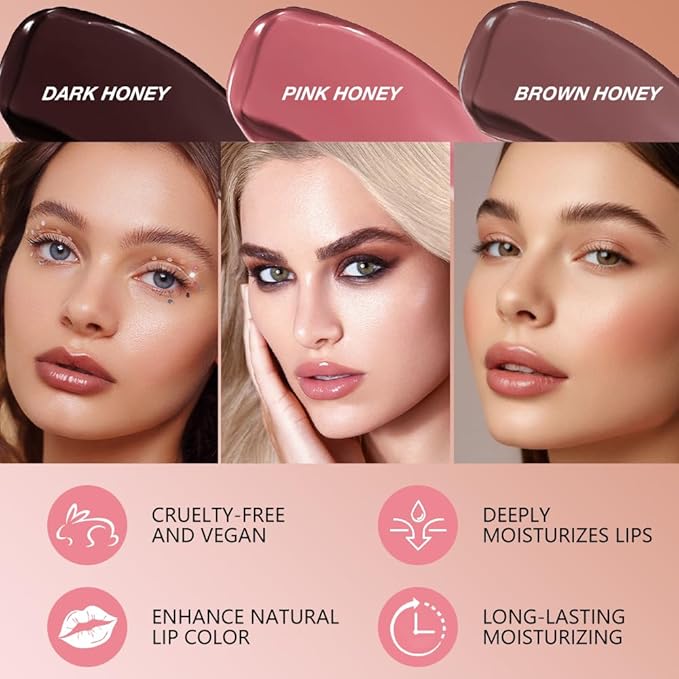 3Pcs Black&Pink&Brown Honey Tinted Lip Stain Lip Balm Lip Gloss Lipstick, Sheer Hydrating Lip Stains Tint, Moisturizing Lip Color for All Skin Tones with Natural Black Cherry