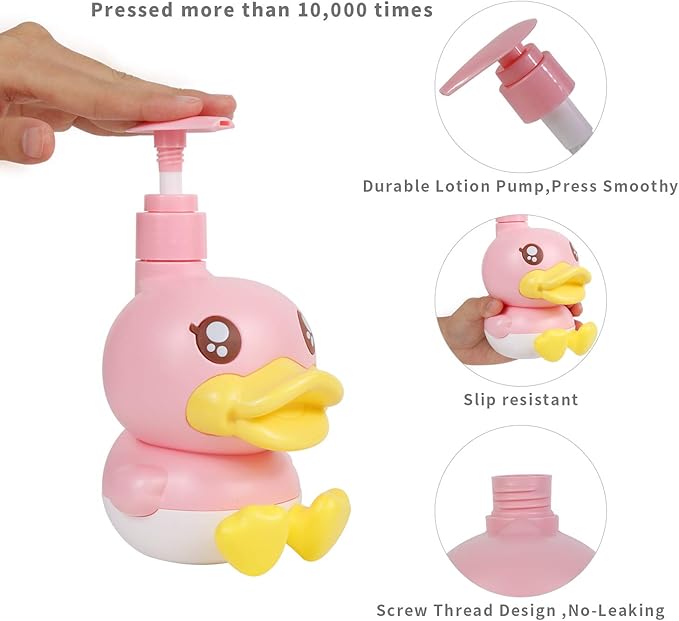 Cute Soap Dispenser for Kids Gift,Bathroom Kitchen Countertop Vanity Top Dispenser fit Body Lotion Shampoo Shower Hand Sanitizer Animal Pink B Duck Themed Soap Bottle with Pump Bath Accessories