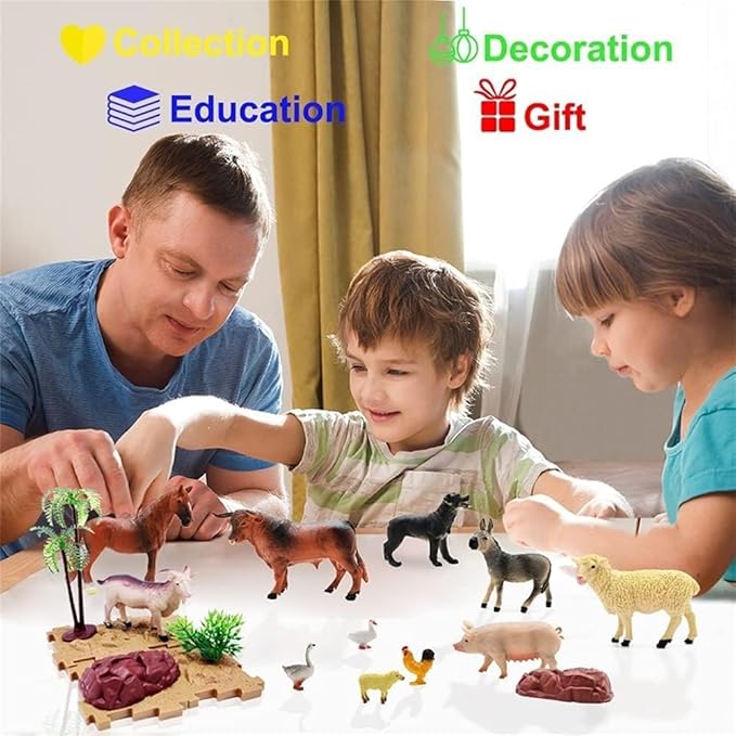 BOLZRA Farm Animal Figurines, Realistic Plastic Animals Toys with Fences Building Blocks, Farm Figures Playset Educational Christmas Birthday Gift for Kids & Toddlers, 53 PCS
