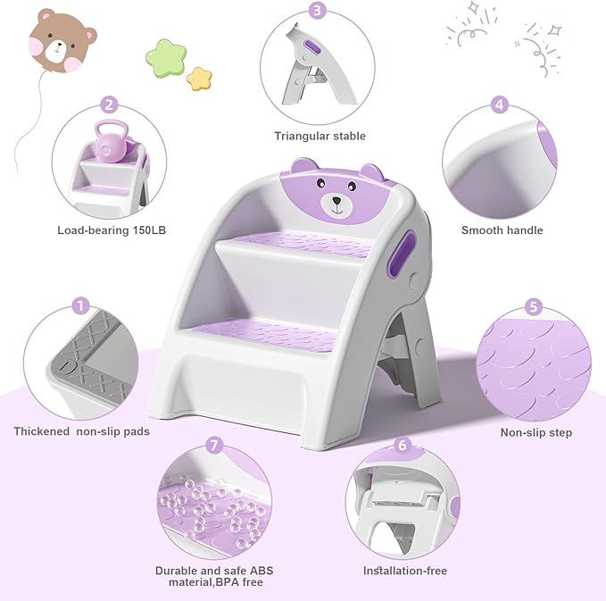 Folding Kids Step Stool for Bathroom and Potty Training,Anti-Slip, Anti-Tip A-Frame Design with 10-Second Setup-Potty 2 Step Stool for Toddlers