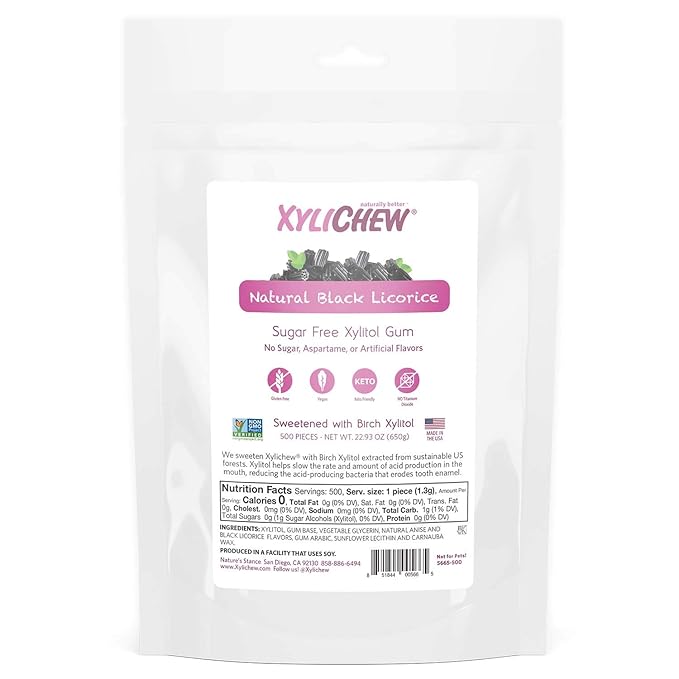 Xylichew 100% Xylitol Chewing Gum - Non GMO, Non Aspartame, Gluten Free, and Sugar Free Gum - Natural Oral Care, Relieves Bad Breath and Dry Mouth - Licorice, 500 Count