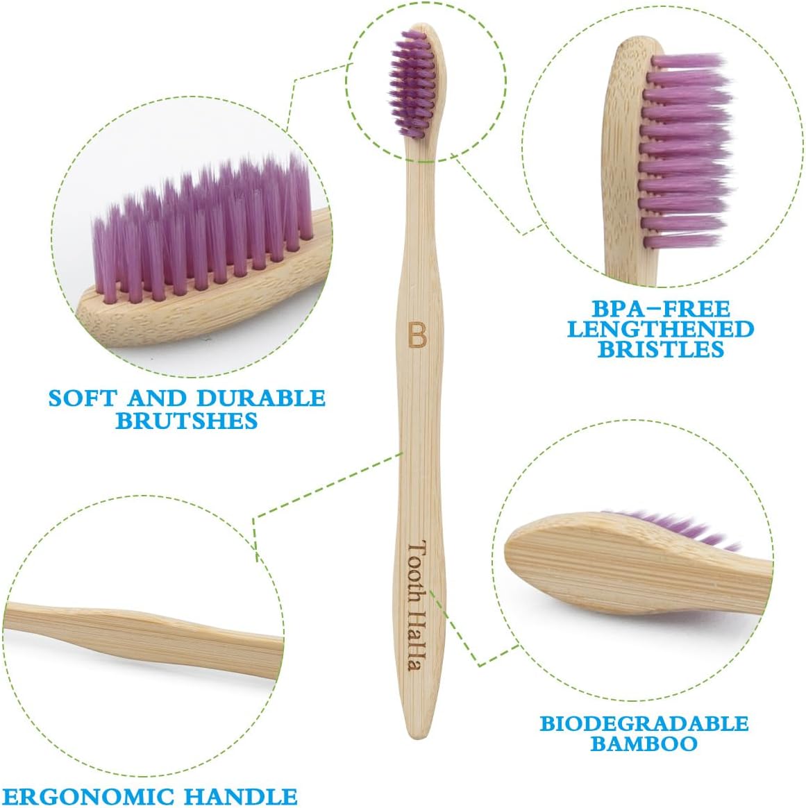 Bamboo Toothbrushes, 10 Pack BPA-Free Soft Tapered Bristles, Eco-Friendly, Natural Wooden, Green Toothbrush, Organic Toothbrushes Travel Set