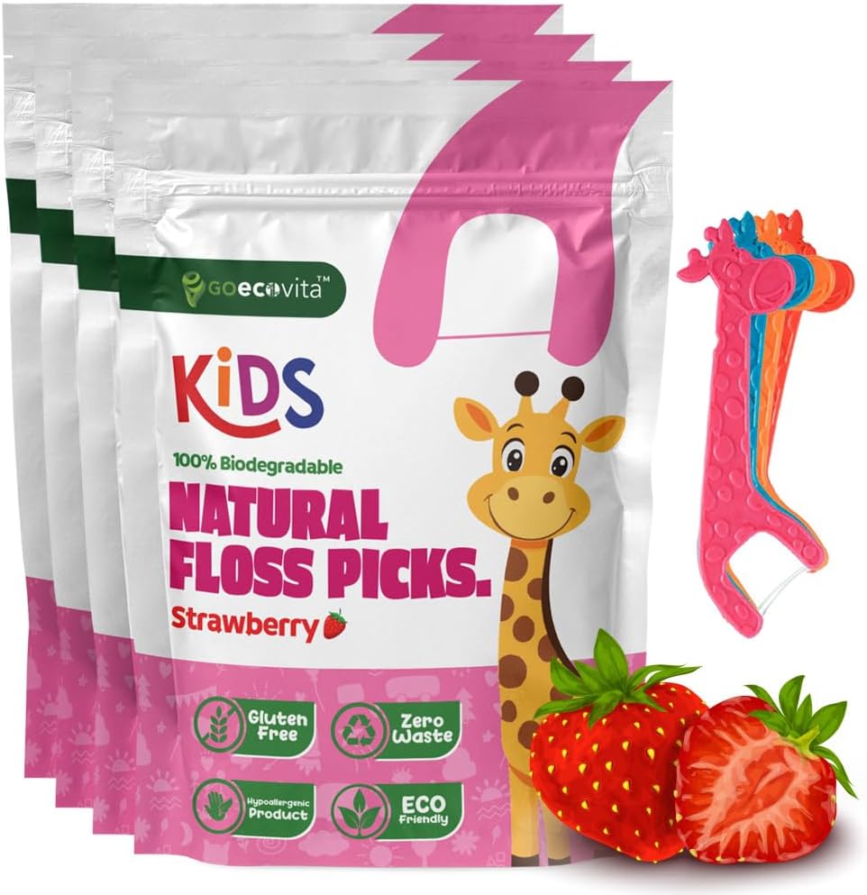 Biodegradable Kids Flossers - Dental Floss Picks for Children | Fluoride & Plastic-Free | Colorful & Fun Animal Floss Sticks | Eco Friendly, Vegan, Natural (Strawberry - 200 Pack)