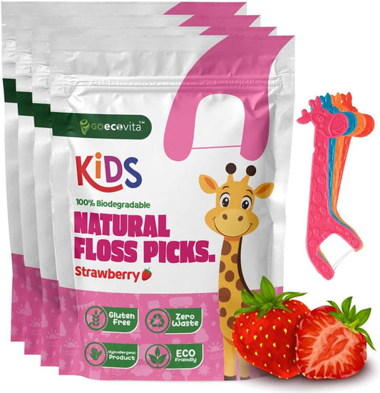 Biodegradable Kids Flossers - Dental Floss Picks for Children | Fluoride & Plastic-Free | Colorful & Fun Animal Floss Sticks | Eco Friendly, Vegan, Natural (Strawberry - 200 Pack)