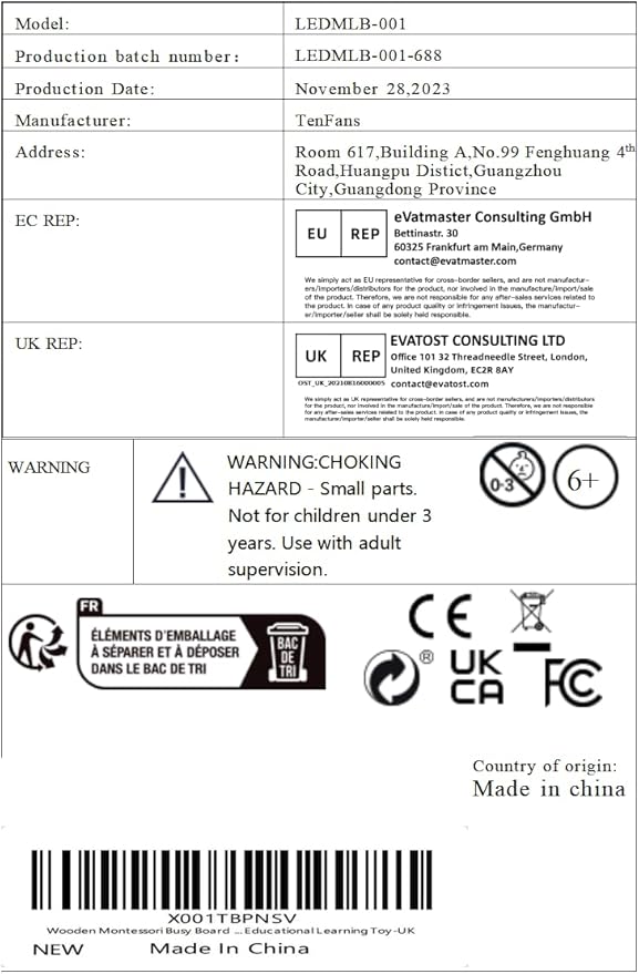 TenFans Montessori Busy Board with 8 LED Light Modes - Sensory Toys for 3-5 Year Olds & Airplane Travel, Wooden Activity Board Develops Fine Motor Skills