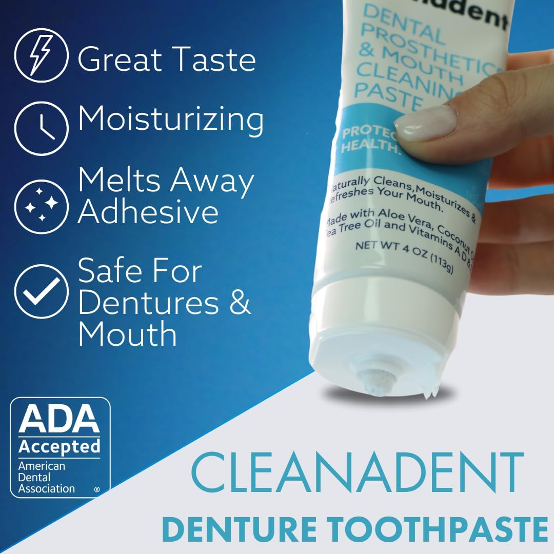 Dr. B Dental Solutions Cleanadent Denture and Gum Toothpaste, ADA Accepted All-Natural Denture Toothpaste for Adults - Removes Odors, Stains and Adhesives - 4 oz (2 Pack)
