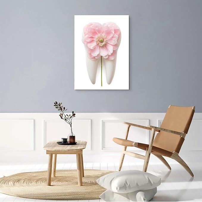 SchindlerBang Dental Gift Watercolor Art,Vibrant Pink Anemone Tooth Painting,Floral Implant Canvas Print,Home Decor for Canvas Art Spaces,8x12inch Framed Ready to Hang