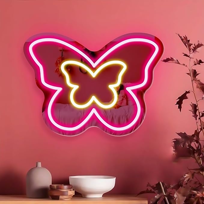 LED Mirror Neon Lights Light Up Dressing Mirror Cat/Shine Heart/Bat/Butterfly Shape Neon Mirror Sign for Modern Home Girl Room Bathroom Salon Wall Art Decor Gift For Girlfriend USB Powered