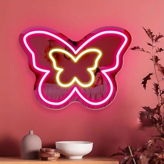 LED Mirror Neon Lights Light Up Dressing Mirror Cat/Shine Heart/Bat/Butterfly Shape Neon Mirror Sign for Modern Home Girl Room Bathroom Salon Wall Art Decor Gift For Girlfriend USB Powered