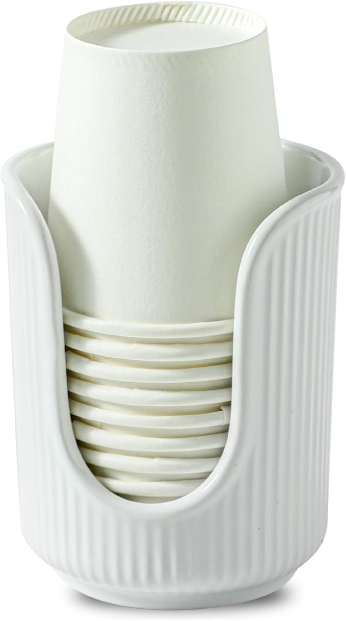 Ceramic Bathroom Cup Dispenser with Stylish Vertical Stripes - Disposable Mouthwash Cup Holder Holds 3-4oz Paper Cups for Rinsing Cups on Bathroom Vanity Countertops (White)