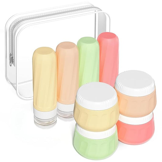Travel Bottles for Toiletries 8 Pack, Travel Size Toiletries, Tsa Approved Travel Size Containers 3oz, with Travel Essentials Clear Bag, Leak Proof Silicone Squeezable Creams Jars