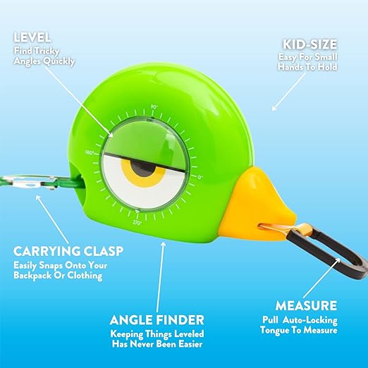 Handy Famm 8ft Green Bird Tape Measure for Kids – STEM Educational Tool with Level, Protractor, Retractable Design - DIY Construction Toy, Child-Safe Measuring Tapes, Gift for Boys & Girls 3+