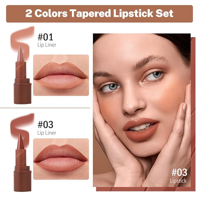 2in1 Gradient Lip Liner & Lipstick Combo,Matte Longwear Waterproof Lip Pencil with Cone Tip,Smudge Proof Crayon for Flawless Ombre Contour,Women's Long Lasting Makeup Set(01Nude Beige+03Rosewood Kiss)