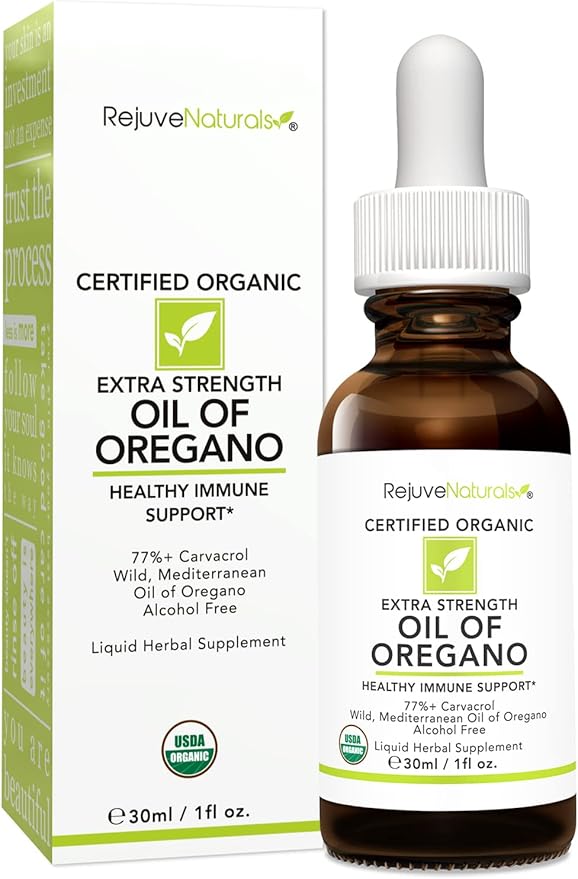 RejuveNaturals Extra Strength Oil of Oregano, USDA Organic, 1 fl oz (30ml Liquid) Wild, Mediterranean Oregano Oil. Concentrated Immune Support Drops. Gluten Free, Vegan & Non-GMO. Min 77% Carvacrol