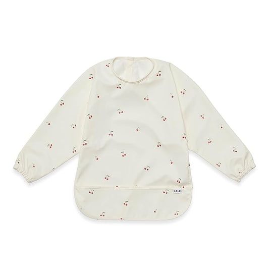 Lalo Smock Bib - Long Sleeve Bib for Infants and Toddlers - Elastic Cuffs, Large Catch-All Pocket, Waterproof Recycled Polyester - Easy to Clean for Mealtime and Art Time - Cherry Infant