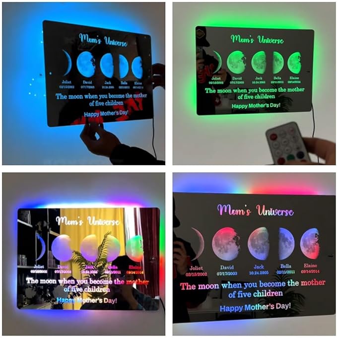 Mommy's Universe Light Up Mirror Personalized Led Name Mirror Color Changing Light Up Wall Mounted Name Neon Signs Moms Sky Moons Phase for Bedroom Decor