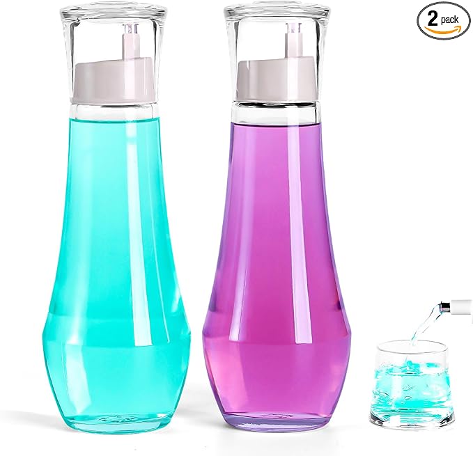 Mouthwash Dispenser For Bathroom, Glass Mouth Wash Dispensers With Cup, Mouthwash Container Bottle Holder For Adults/Kid, 8.8 OZ, Set Of 2