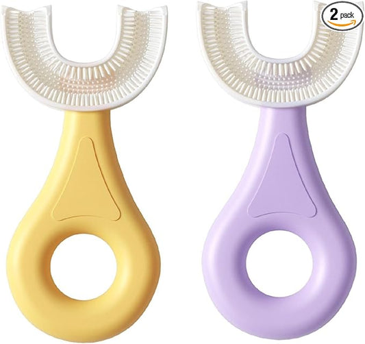 Kids' U Shaped Toothbrush Age 2-6 - Two Premium Soft Toothbrushes Come with 2 Travel Cases - Sensory Toothbrush - Round Silicone Toothbrush Head Makes Brushing Fun & Easy - 1 Purple, 1 Yellow