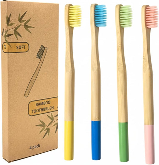 Bamboo Toothbrush Soft Bristles 4 Pack – Eco-Friendly, Natural Wooden Handle, BPA-Free, Vegan, Biodegradable, Plastic-Free Packaging, Family Set