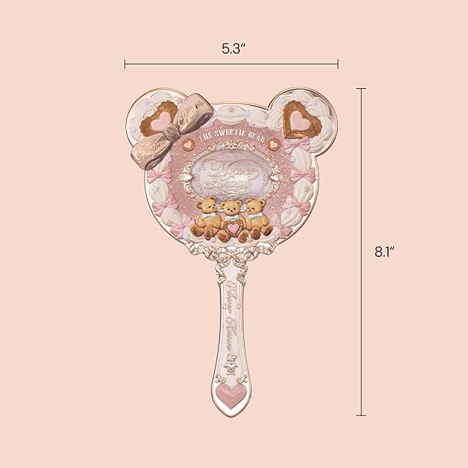 Flower Knows The Sweetie Bear Hand Mirror,Vintage Portable Handheld Mirror,Fancy & Pretty Princess Mirror with Long Handle,Gift for Girls(Creamy Pink)