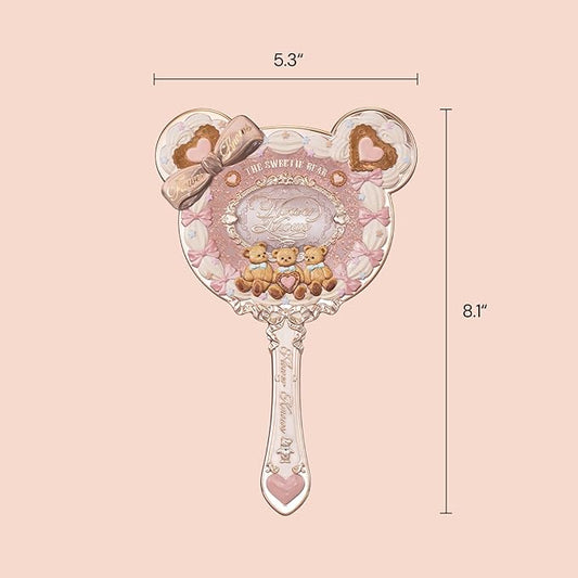 Flower Knows The Sweetie Bear Hand Mirror,Vintage Portable Handheld Mirror,Fancy & Pretty Princess Mirror with Long Handle,Gift for Girls(Creamy Pink)