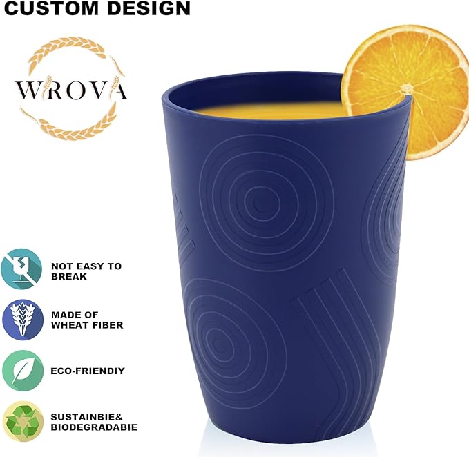Wrova Wheat Straw Cups 16oz set of 8 - Alternative Plastic Cups Dishwasher Safe - Plastic Drinking Cups Unbreakable for Kids - Ocean Series