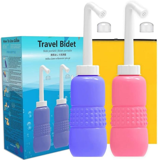 Upside Down Peri Bottle for Postpartum Care, Portable Bidet Bottle with Travel Bag, Handheld Perineal Sprayer,Reusable Douche Bottle for Women,Men,Baby,Personal Hygiene 450ml-2Pack (Blue+Pink)