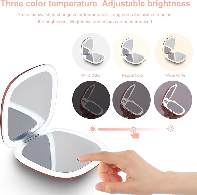 Mocado Compact LED Travel Makeup Mirror - 4 Inches 1X/10X Magnification Travel Mirror with Light Dimmable Double Sides Lighted USB Rechargeable Compact Mirror for Purse,Pocket,Travel(Rose Gold)