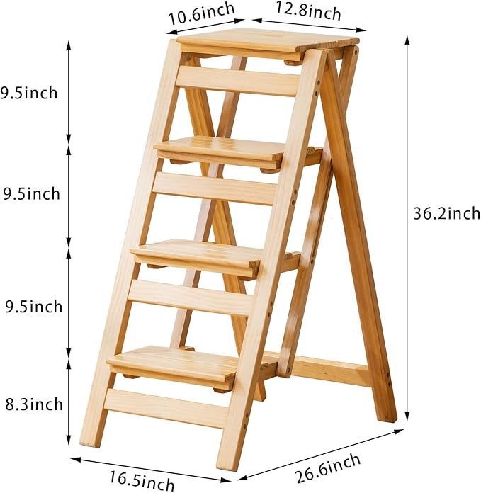 Latifolia Foldable 4 Step Ladder, Wooden Step Stool with Floor Saver, Decorative Ladder Shelf for Living Room, Kitchen, Garden(Nature)
