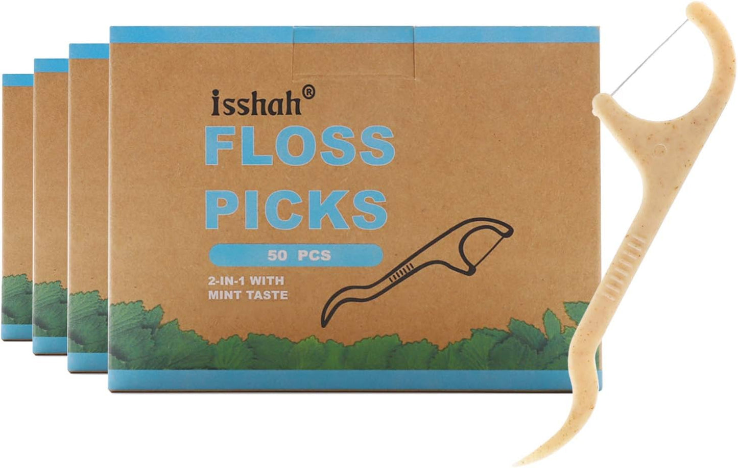 Natural Dental Floss Picks - 200 Count - PETA Approved, BPA Free, Vegan, Sustainable, Eco Friendly, Natural Dental Flossers by Isshah (Mint)