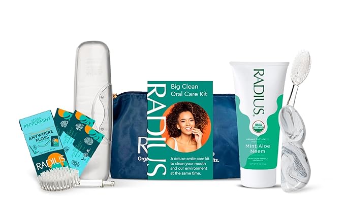 RADIUS Big Clean Deluxe Oral Care Gift Set (Big Brush With Replaceable Head Right Hand, Mint Aloe Neem Organic Toothpaste, Vegan Xylitol Mint Floss, Travel Case), 1 Count