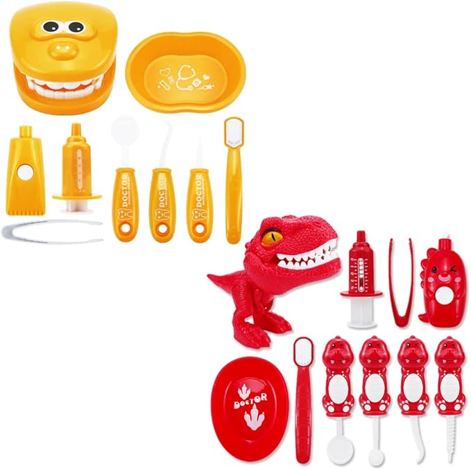 Bundle 19PCS = 9PCS Plastic Simulation Dentist Play Set （Orange） + 10PCS Plastic Dinosaur Simulation Dentist Play Set (Red)