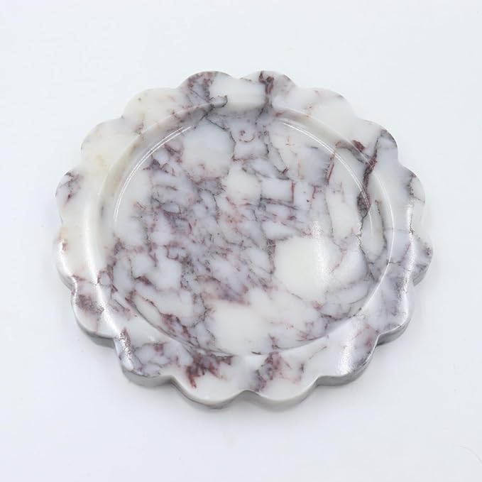Round Marble Decorative Tray with Scalloped Edge, Luxury Natural Stone Bathroom Vanity Tray, Dresser Top Perfume Coffee Home Kitchen Sink Tray, Key Trinket Ring