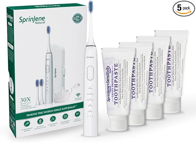 SprinJene Natural Sensitivity Relief, Fluoride Toothpaste for Sensitive Teeth & Gum (4 Pack) + Fluoride Free Mouthwash with Natural Ingredients + Electric Toothbrush with Wireless Charger