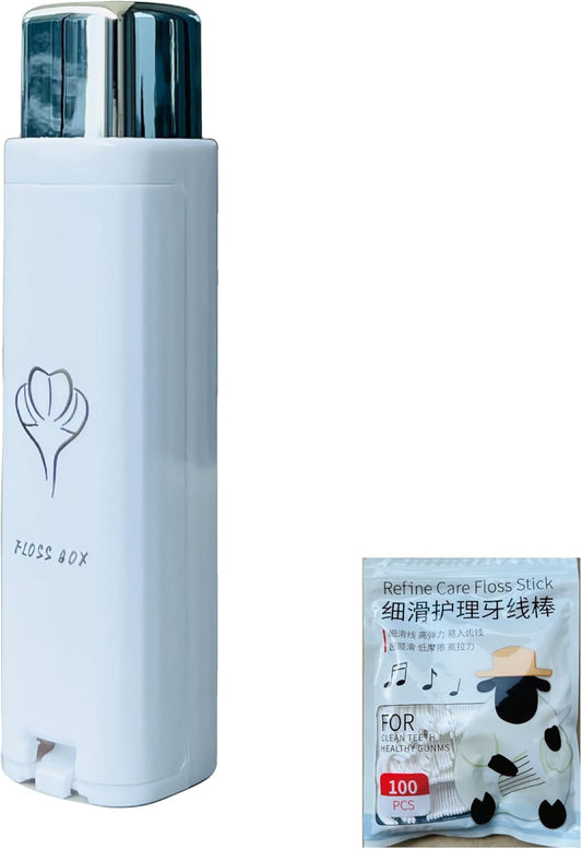 Compact Portable Dental Floss Picks Box/Dispenser, for Go Out,for Travel, Contains 100 Refills for Floss Picks (White)