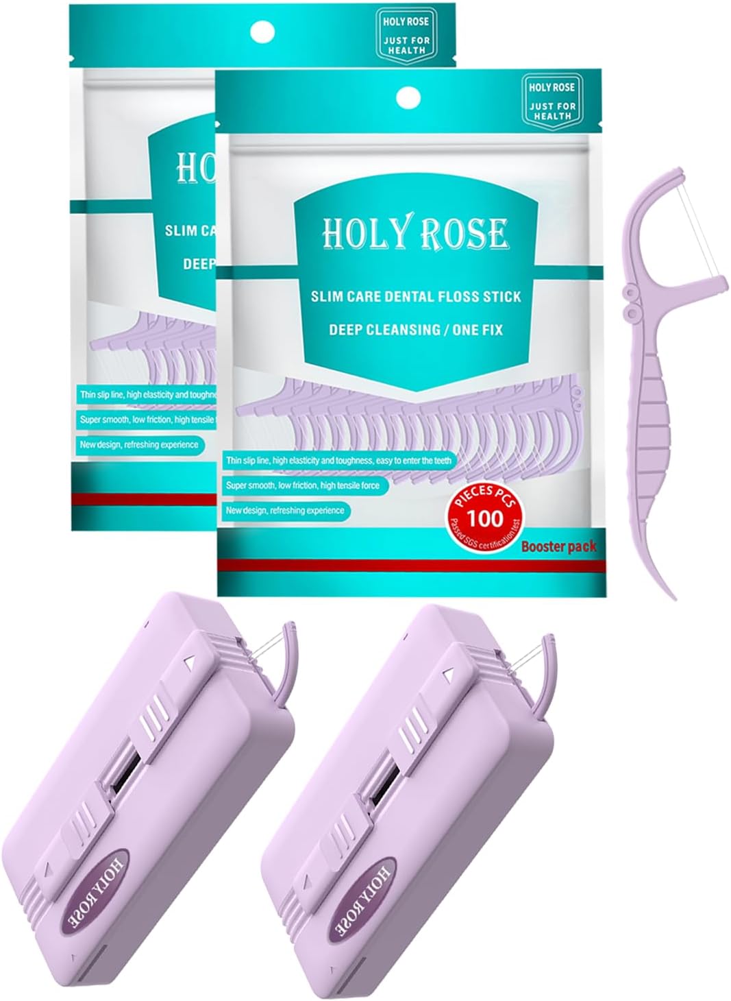 Holy Rose Dental Floss Picks Portable Dispenser - 220 Count Twin-Line Flossers, Bagged Super Tuffloss, Double-line Design Action System for Superior Clean, Compact Design for Easy Storage