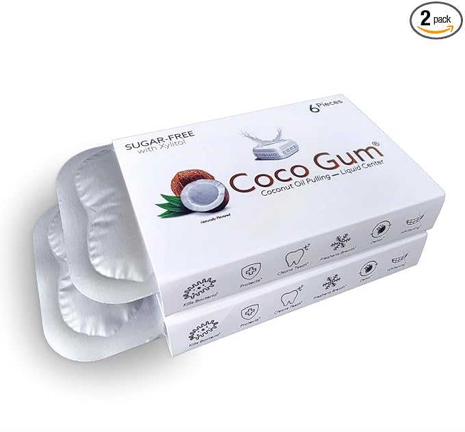 CocoGum – Coconut Oil Pulling Chewing Gum with MCT Oil Liquid Center – Naturally Whitens, Freshens Breath & Protects Teeth – 2 Pack (12 Pieces)