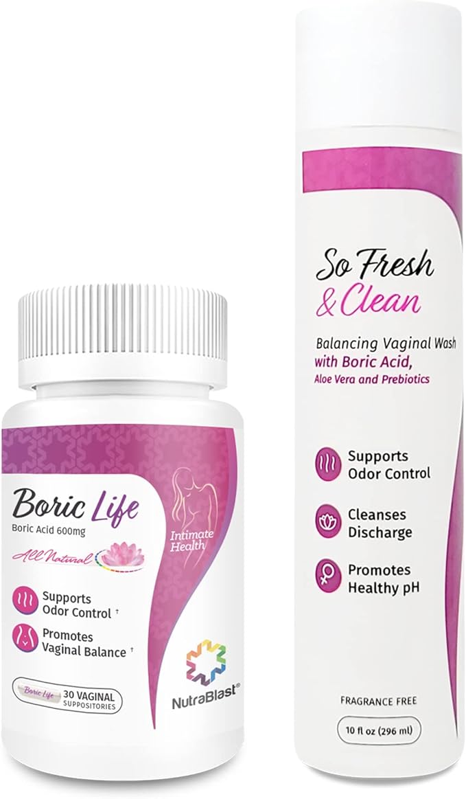 NutraBlast Boric Acid Vaginal Suppositories Bundle with So Fresh & Clean | Supports Odor Control | Cleanses Discharge | Promotes Intimate Balance (30 Count & 10 fl oz)