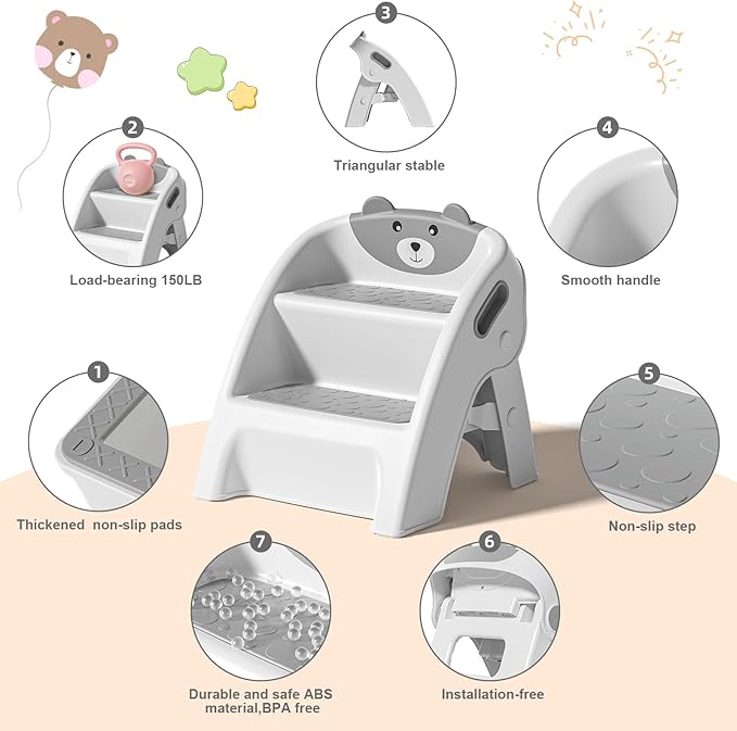 Folding Toddler Step Stool for Bathroom and Potty Training,Anti-Slip, Anti-Tip A-Frame Design with 10-Second Setup-Potty 2 Step Stool for Kids