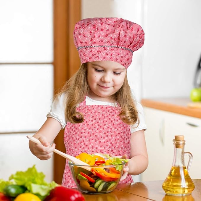 Kids Apron and Chef Hat Set, Adjustable Cotton Child Aprons with 2 Pockets Cute Girls Boys Kitchen Bib Aprons for Cooking Baking Painting