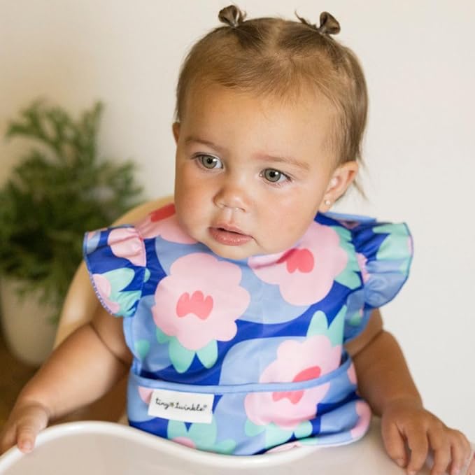Tiny Twinkle Mess Proof Baby Bib for Girls | Waterproof Toddler Bib for Eating | Baby Apron for Feeding | Machine Washable | Perfect Shower Gift (Floral Blue, 6–24M)