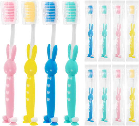 Kids for Toothbrushes In Bulk, Individually Wrapped Toothbrush Cute Manual Soft Bristles Children Disposable Toothbrush With Cover Suction Cup Toddler Toiletries Set for Home/School/Travel (8 Pack)