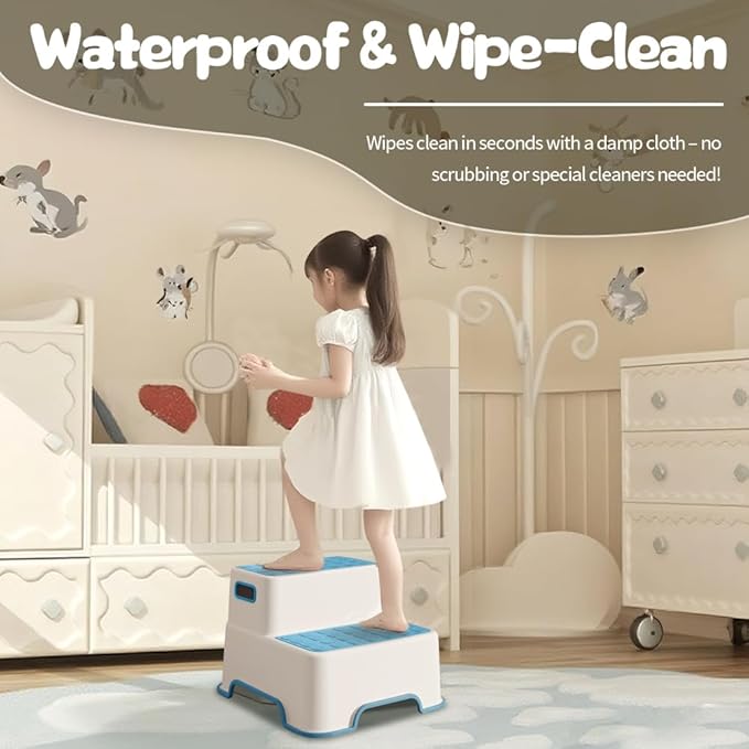 Toddler Step Stool for Bathroom Sink, 2 Pack Step Stool for Kids, Plastic Potty Training Toilet Stepping Stools, Child and Baby Lightweight&No-Slip Two Step Stools for Kitchen(Off-White/Blue)