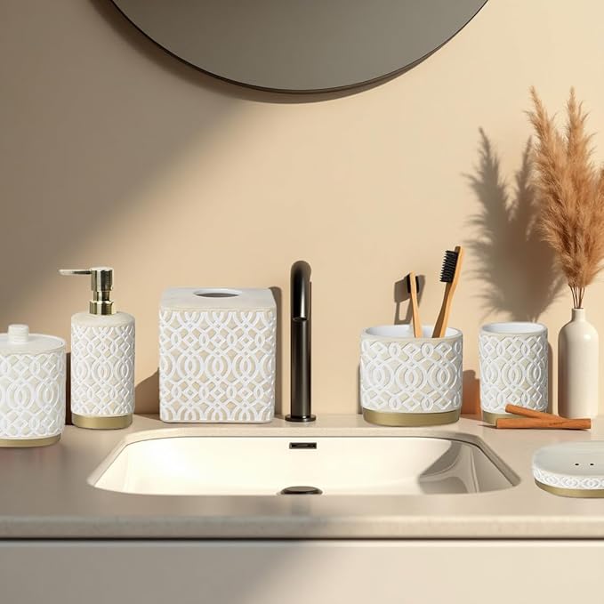 6-Piece Bathroom Accessories Set – Soap Dispenser, Toothbrush Holder, Tumbler, Soap Dish, Cotton Swab Jar & Toilet Brush – Modern Bathroom Decor Set (Solana)