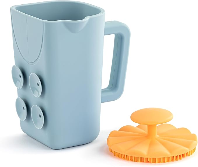 DEMDACO Love to Play Collection Baby Bath Rinse Cup and Silicone Scalp Scrubber Set - Gentle Hair Washing Aid for Infants & Toddlers Soft Silicone Kids' Brush & Ergonomic Rinse Pitcher, Orange