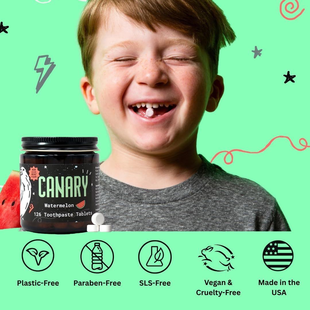 Canary Nano Hydroxyapatite Toothpaste Tablets Watermelon- Remineralizing, Fluoride Free, All Natural Tabs with Xylitol - Great for Kids, Plastic Free - 126 Count