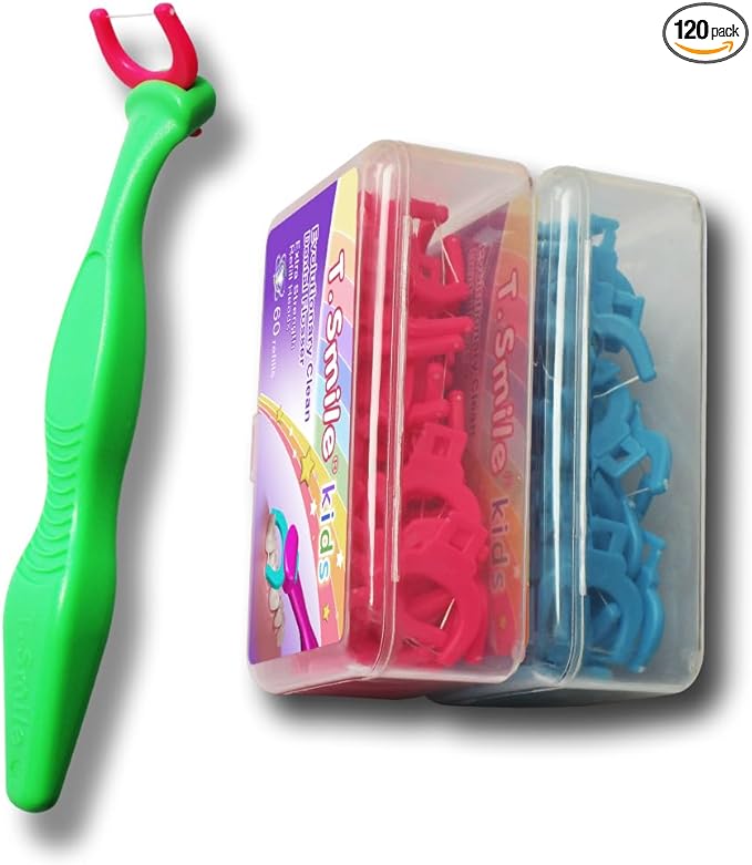 T.Smile Kids Evolutionary Clean Dental Flosser Kit, Child-Sized Handle & Refills, Fluoride Free, for Ages 3+, (Green Handle + 120 Biodegradable Refills)