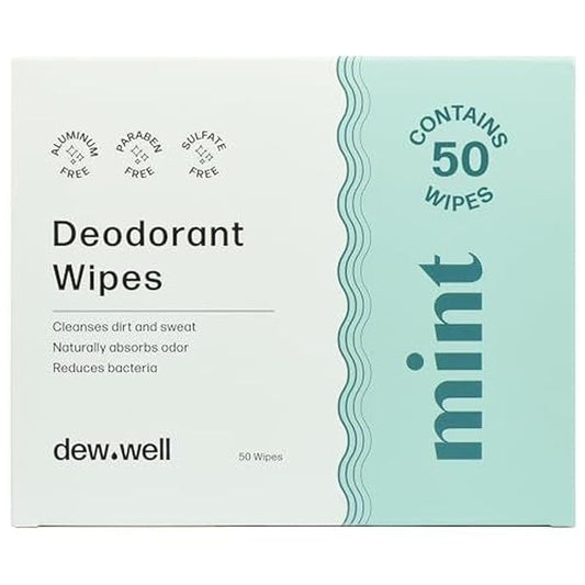 Dew Well Deodorant Wipes - Individually Wrapped Armpit Wipes & Purse Essentials - Sweat-Blocking Mini Deodorant - Compact Tissue Packs & Travel Accessories - 50 Count, Mint