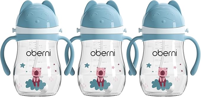 Toddler Sippy Cup, Tritan Baby Water Bottle With Non-Spill Valve Spout, Removable Handle and Carry Strap, 270ml/12m+/Blue/Pack of 3