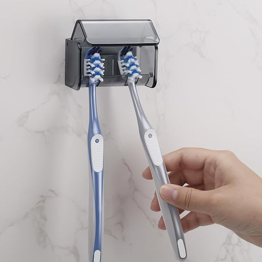 Toothbrush Holders Wall Mounted with Cover, Electric Tooth Brushing Holder for Bathroom, 2 Slots Self Adhesive Toothbrush Organizer, Toothbrush Stand for Family, Kids (1, Transparent Black)